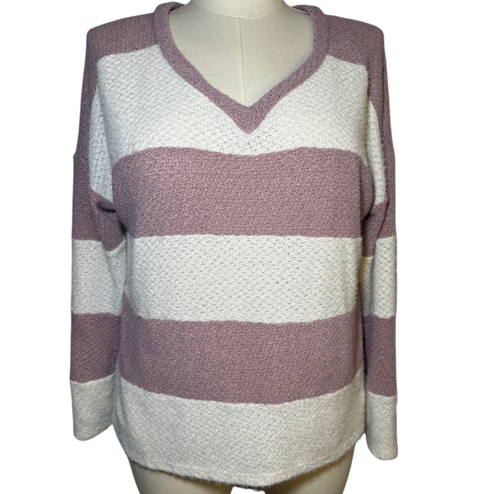 BIBI Soft Long Sleeve Knit Sweater Top. Striped Pink and Cream Large